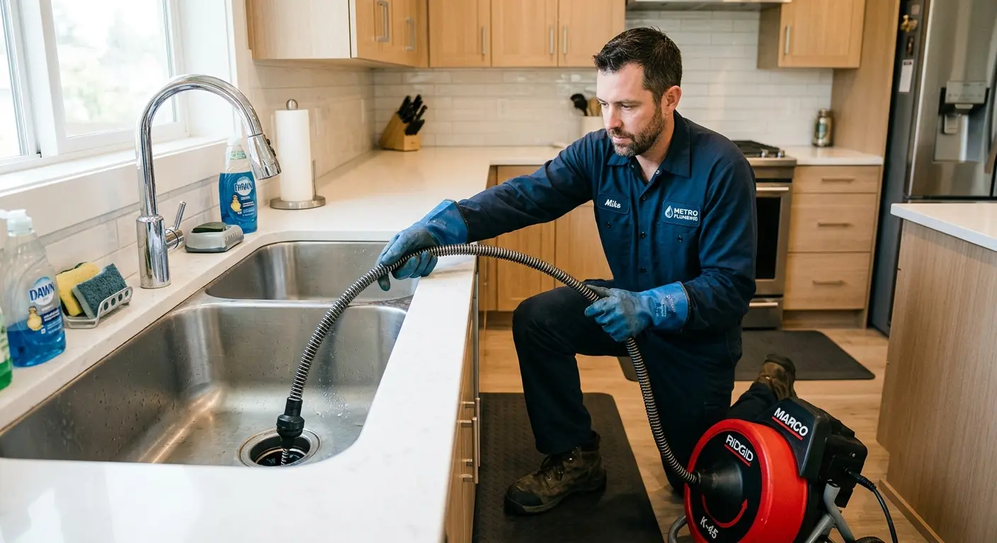 Drain cleaning technician using a motorized snake on a kitchen sink in Sugarland Run