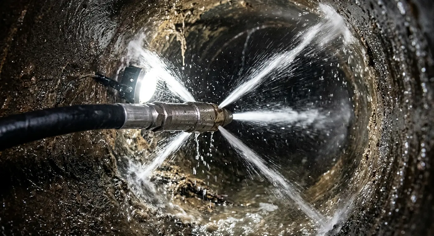 High-pressure hydro jetting nozzle cleaning sewer pipe for Sewer Cleanout in Sugarland Run