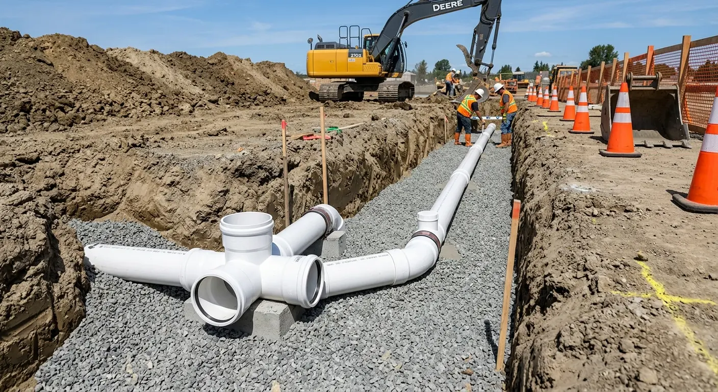 New PVC sewer pipe installation in open trench for Sewer Backup in Sugarland Run