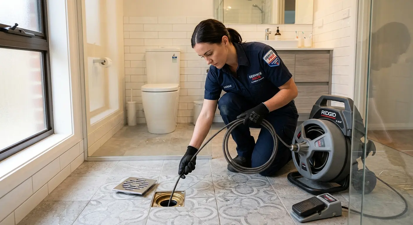 Technician clearing a bathroom floor drain for Drain Cleaning in Sugarland Run